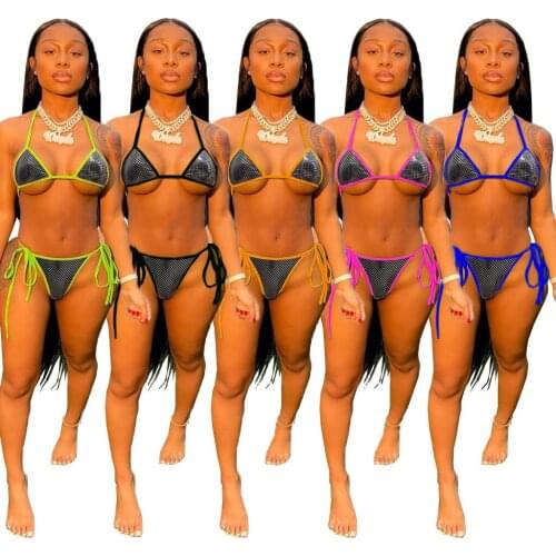 Echoine women Shiny fabric sexy swimsuit spaghetti strap crop bra tops panties suit two piece set sport bikinis matching outfits