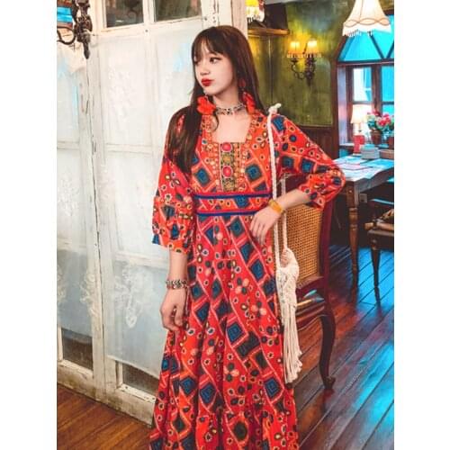 Summer New Bohemian Travel Holiday Style Print Beach Dress Retro Square Collar Slimming Temperament Nine - Minute Sleeve Dress