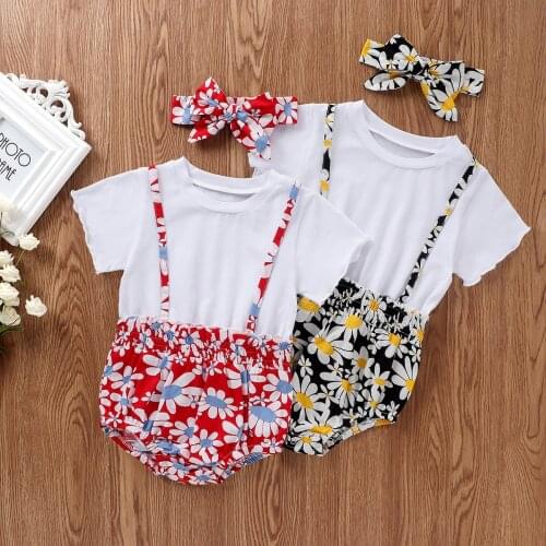 2021 Summer Baby Clothing Fashiaon New Floral Rompers Playsuits Girls Clothes Short Sleeve Bodysuits Bow Beadband 2PCS Outfits