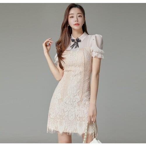 Summer Korean Sweet Mini Sundress Ladies OL Elegant Retro Casual Turn-Down Collar Puff Sleeve Skinny Lace Party Club Short Dress