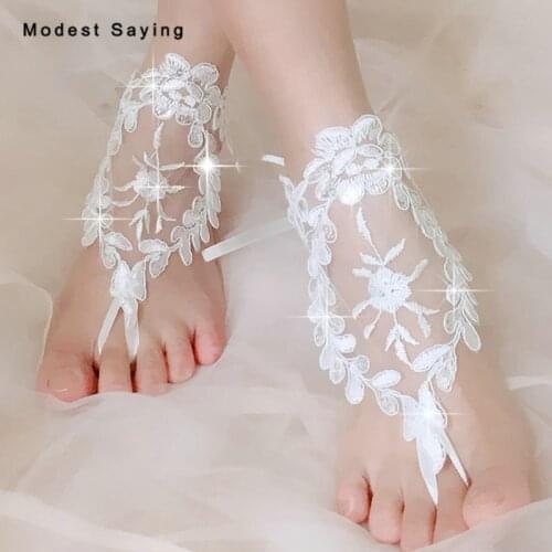 Fashion 1 Pair Shiny Ivory Sequined Lace Wedding Barefoot Sandals Bridal Anklet Shoes With Toe Sandbeach Bridesmaid Foot Jewelry