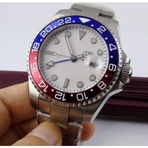 40MM White Sterile Dial Sapphire Glass Date Luminous Red Blue Bezel Steel Bracelet GMT Automatic Movement Mens Watch