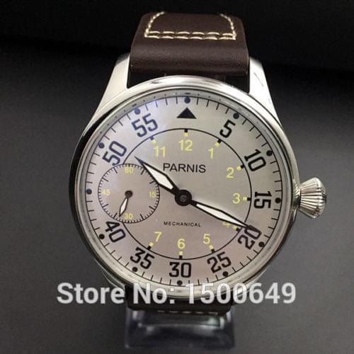 Parnis 44mm Brown strap 6497 Hand Winding White/black Dial Yellow Number Mens Watch
