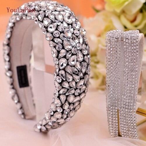 YouLaPan HP364 Rhinestone Headpiece Earring Set Silver Headband Hair Accessories Bridal Hair Hoop Women Shinny Padded Headbands