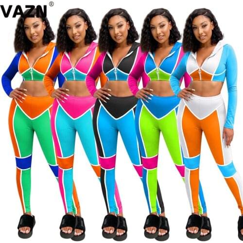 VAZN 2020 Autumn New High Street High Quality Young Tracksuits Sexy Hooded Full Sleeve Group Long Pants Slim Women 2 Piece Set