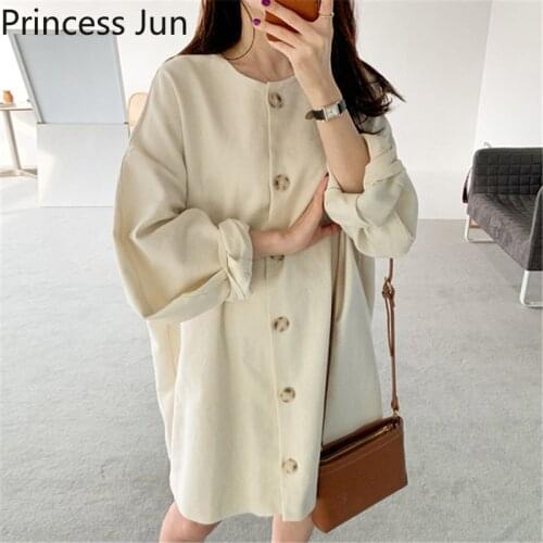 2021 NEW Fashion Spring Autumn Simple Bottoming Dress Pure Color Long Sleeve Loose Casual Dress Single Breast O Neck Mini Dress