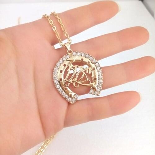 Hzew two horse head and Horseshoe pendant necklace crystal horse necklaces