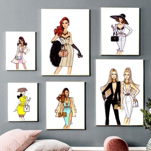 Fashion Model Girl Skirt Dress Handbag Wall Art Canvas Painting Nordic Posters And Prints Wall Pictures For Living Room Decor