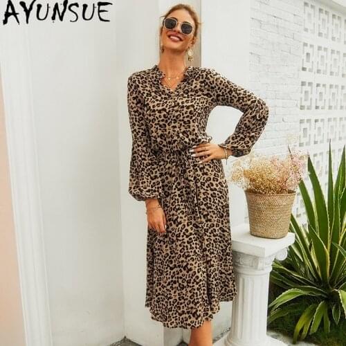 AYUNSUE Spring Summer Dress Woman Leopard Print Beach Long Sleeve Dress Female Elegant Dresses for Women Vestido De Mulher 2021