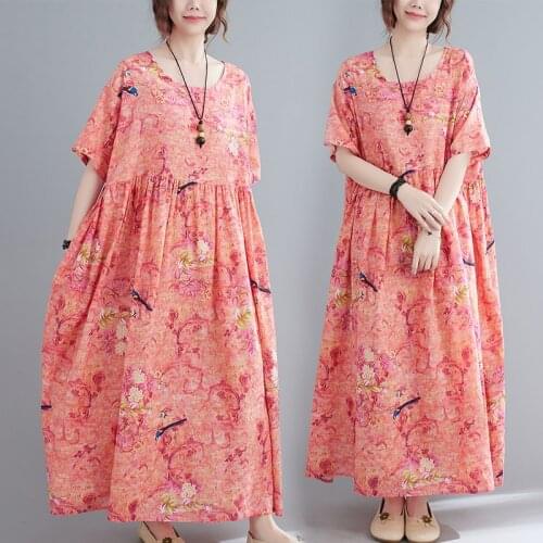 Uego Holiday Beach O-Neck Print Cotton Short Sleeve Loose Summer Vestidos Dress Women Maxic Long Casual Dress