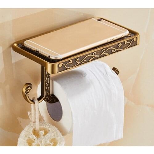 Metal Carved Storage Shelf Holder Wall Mounted Toilet Paper Hanger Bathroom Accessories Set Organizer Rack Mobile Phone Stand
