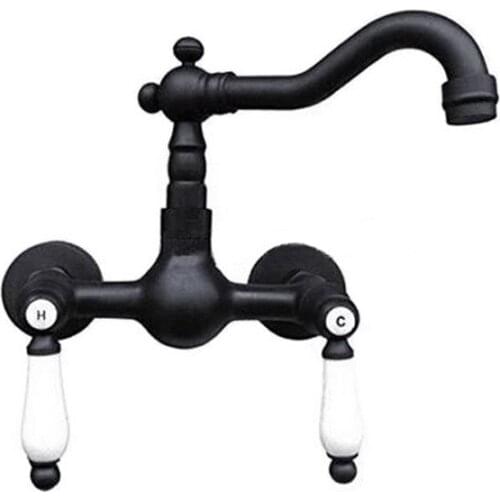Oil Rubble Bronze Black Wall Mounted Bathroom Kitchen Sink Faucet Swivel Spout Mixer Tap Dual Handles Hot Cold Water Mixer Tap