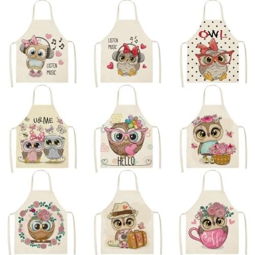 Owl Flower Cartoon Pattern Printed Cotton Linen Aprons 55*68cm Kitchen Brief Pinafore Women Home Cooking Baking Waist Bibs