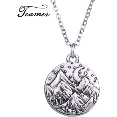 Teamer Silver Color Jewelry New Arrival Starry Night Moon Mountain Pendant Round Necklace Adjustable Chain AH111288