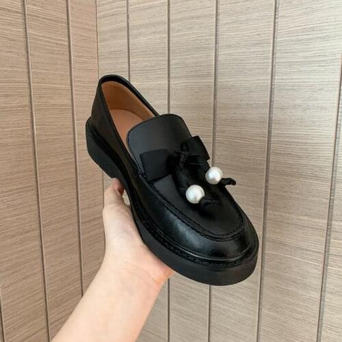 Osunlina Spring Woman Flats Round Toe Butterfly Knot Pearl Decoration Handmade Platform Flats Genuine Leather Thick Heels Shoes