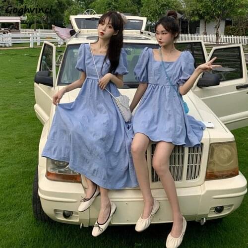 Dresses Women Sweet Girlish Friends Size S-3XL Square Collar Tender A-line Pure Elegant Lady Fashion Students Mujer All-match