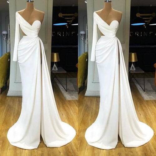 2020 Mermaid Prom Dresses High Side Split Satin One Shoulder Long Sleeve Evening Gowns Sweep Train Custom Made Robe de Soiree
