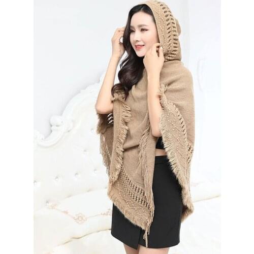 ZJZLL New Batwing Sleeve Women Coat Casual Pullover Jumper Irregular Tassel Hem Capes Cloak Hooded Knitted Sweater Poncho Mujer