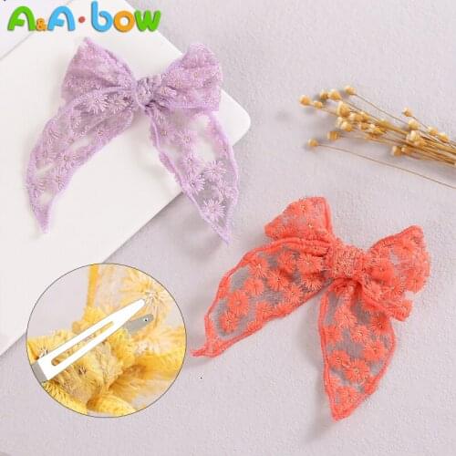 1pcs Lace Flower Print Bow Hair Clips for Baby Girls Headwear Big Bowknot Women Hairgrips Solid Color Hairpins Hair Accessories