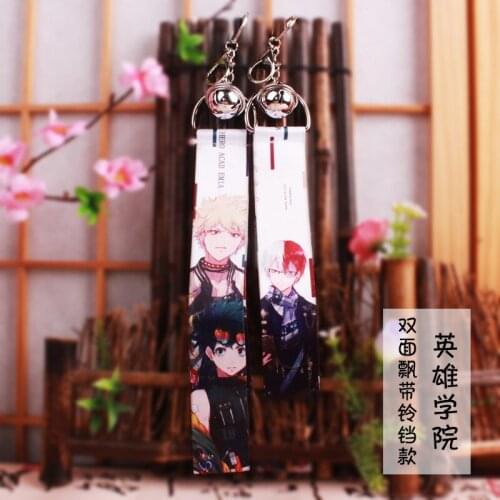 10 pcs/lot Anime My hero academia treamer Ribbon pendant toy with small bell key chains double side bag pendant gift