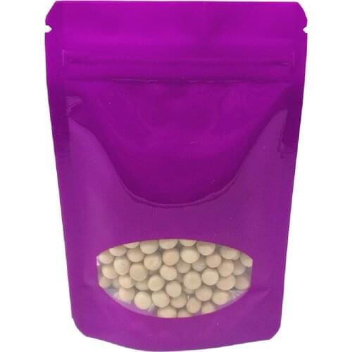 100Pcs/Lot Glossy Purple Mylar Foil Stand Up Bag with Clear Window Zip Lock Resealable Doypack Tear Notch Food Snack Coffee Pack