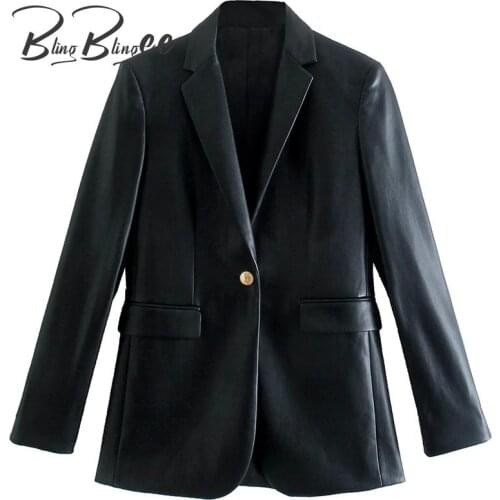 BlingBlingee Za 2021 Autumn Woman Traf Blazers Single Button Slim Long Coats Notched Collar Casual Black Faux PU Leather Jacket
