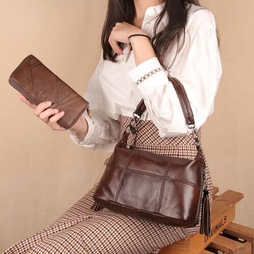 Cobbler Legend Women Genuine Leather Handbag And Wallet Retro Clutch Ladies Designer Purse With Hand bags 2 Pcs Shoulder Bag