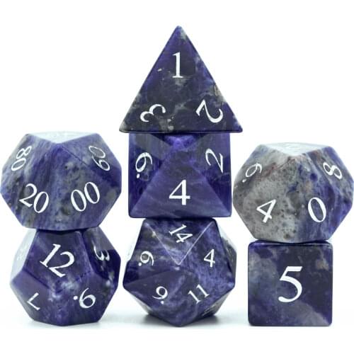Cusdie Set of 7 Handmade Blue Stone Dice, 16mm Polyhedral Stone Dice Set with Leather Box, DND Dices for Collection