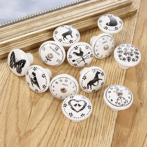 Black & White Printed Decorative Round Ceramic Knob Cabinet Hardware Modern Wardrobe Furniture Door Handle Drawer Pulls Dresser