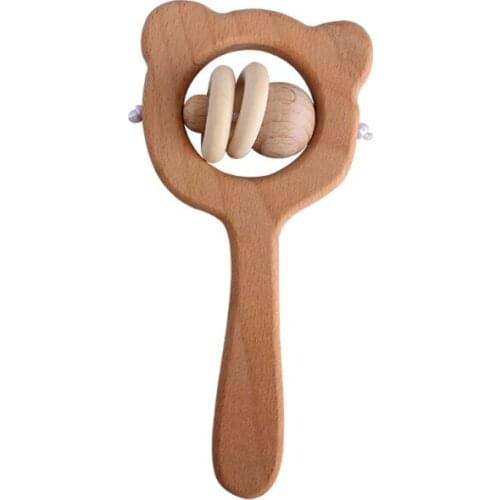 Beech Wooden Bear Hand Teething Wooden Ring Baby Rattles Play Gym Montessori Toy 63HE