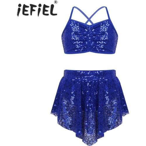 Kids Girls Performance Lyrical Dancewear Straps Glitter Crop Top with Skirt for Lyrical Modern Gymnastics Leotard Dance Costumes
