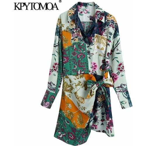 KPYTOMOA Women 2021 Fashion With Bow Tied Patchwork Floral Print Mini Dress Vintage Long Sleeve Pockets Female Dresses Mujer