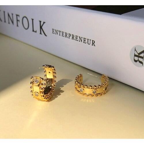 Vintage Round C Shape Earrings For Women Fashion 925 Silver Needle Zircon Small Metal Ball Ear Studs Jewelry Accessories