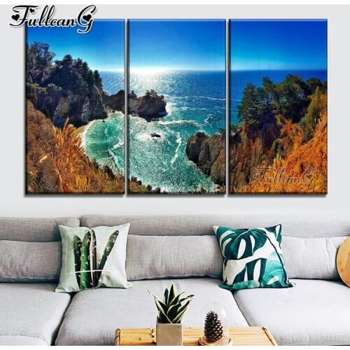 FULLCANG Sea natural scenery large size triptych 5d diy diamond painting mosaic embroidery kit full square round drill FC0278