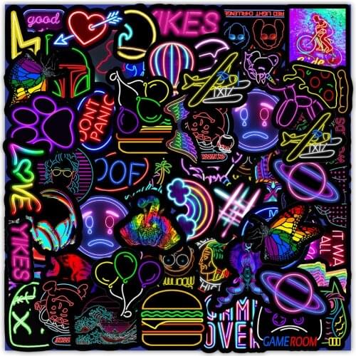 10/50 Pcs Cartoon Neon Light Stickers Car Guitar Motorcycle Luggage Suitcase DIY Classic Toy Decal Sticker For Kid