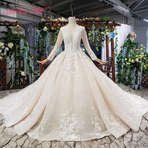 AnXin SH Luxury princess flower champagne lace o neck beading crystal white long sleeve sparkly wedding dress 100% real photo