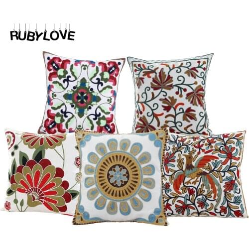 RUBYLOVE Embroidery Cushion Cover Elephant Flower Pattern Cotton Pillow Home Decor Sofa Bed Decor Decorative Pillowcase