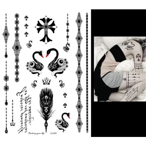 1 PC Removable Temporary Women Fake Choker Jewelry Body Art LC-831 Nontoxic Black Swan Flower Arm Sleeve Leg Back Tattoo Sticker