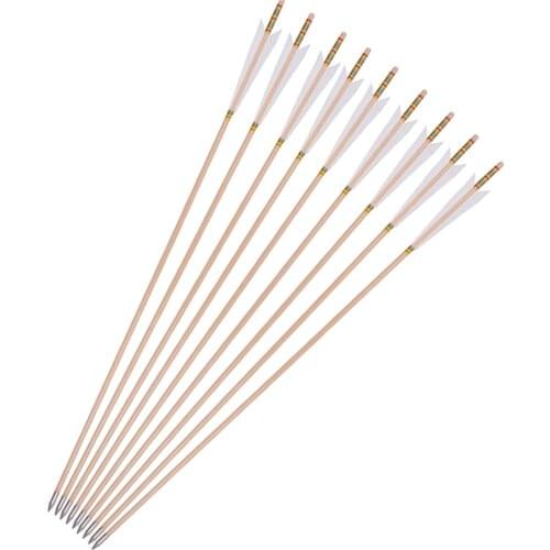 33.5 Inches Wooden Arrow Diameter 8mm with 5 Inches Real Feather White Wood Shaft for Traditional Bow Archery Training Hunting