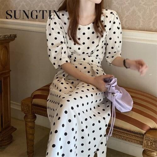 Sungtin Elegant O Neck Puff Sleeve Polka Dots Print Dresses Women Elastic Waist Female A-line Midi Dress 2021 Spring Vestidos
