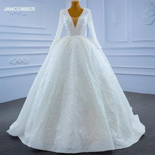 J67265 JANCEMBER 2021 New Tube Top Shiny White Luxury V-neck Wedding Dress Pearl Rhinestone Lace Bridal Gown пышное платье