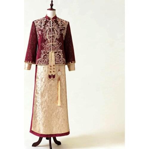 Oriental Xiuhe suit gentlemen bridegroom Chinese Gown Robe golden toast Clothing wedding champagne Red Jacket + Skirt