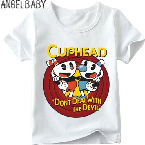 Baby Boys/Girls Cartoon Cuphead Print Funny T shirt Kids Summer Short Sleeve Tops Children Soft White T-shirt,ooo5199