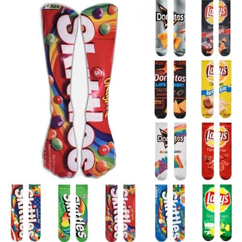 1 pair Funny Unisex Men Art Socks women printing Potato chips Knee High Socks cotton art Long socks For men