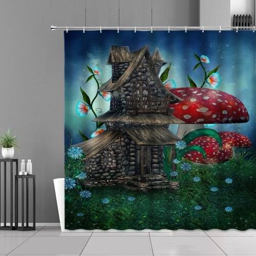 Dream Forest Landscape Shower Curtain 3D Fairy Tale World Green Plants Flower Mushroom House Cartoon Fantasy Waterproof Curtains