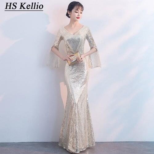 HS Kellio Celebrity Dress Mermaid With Shiny Sequined Lace Women Party Gown Long Sleeves
