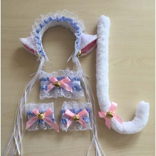 Sexy Women Lady Cat Fox Plush Headband Neckwear Wristband Tail Maid Cosplay Set Props Birthday Party Wedding Halloween