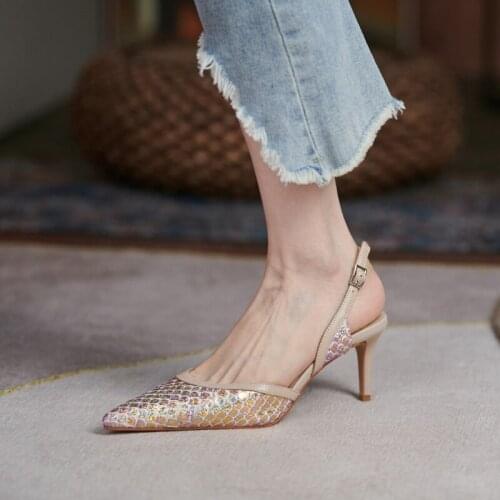 MEZEREON brand designer shoes snake skin luxury buckle strap Women pumps with rivets ZAR Woman 2021 Summer sandals Pointed Toe