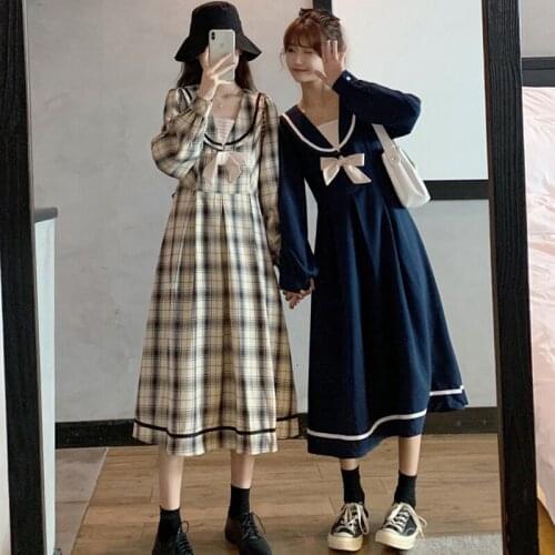 New Spring 2021 Preppy Style Sailor Collar Plaid Long Dress For Women Female Bowknot Japanese Style Dresses