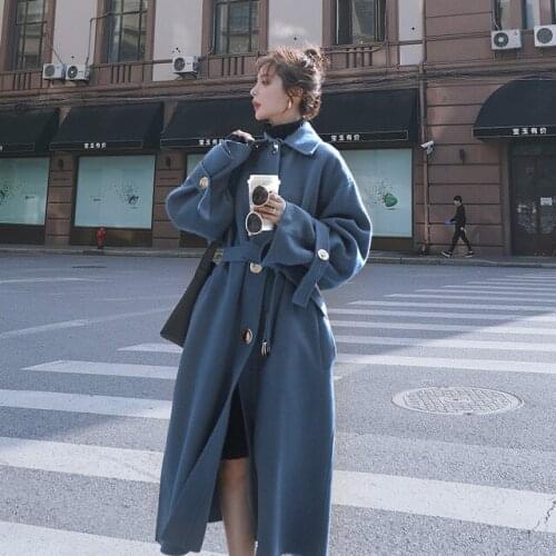 Herstory Autumn Winter Women Casual Woolen Coat Vintage Female Long Windbreaker Jackets Korean Wool Coat lady Overcoats Outwears